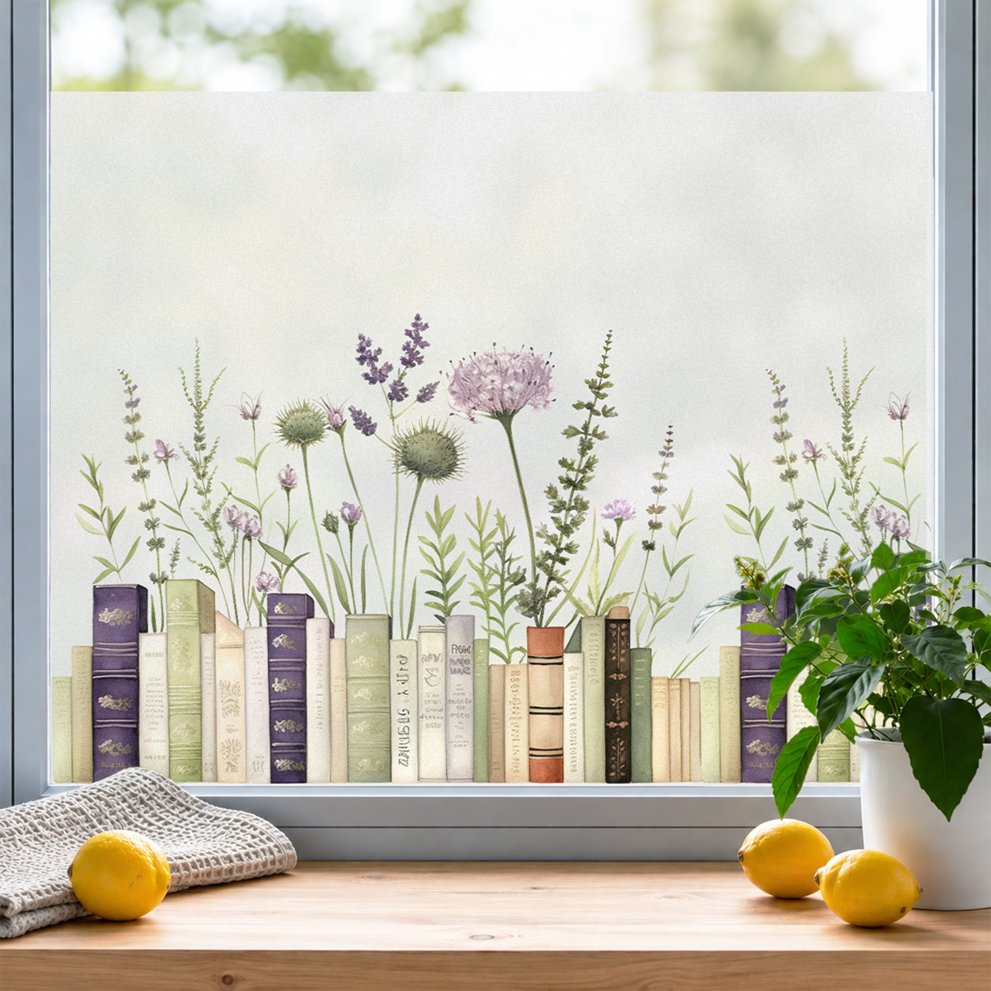 Bunte Bücherreihe mit Blumenmotiven, lila und grün.