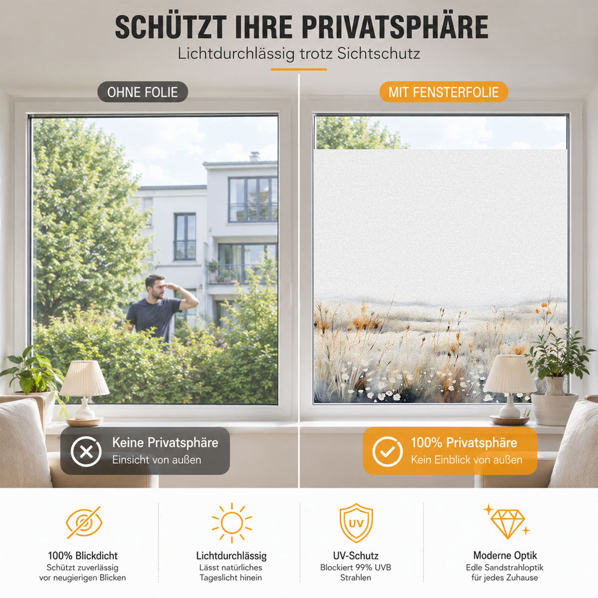 Fensterfolie für Sichtschutz, lichtdurchlässig, moderne Optik.