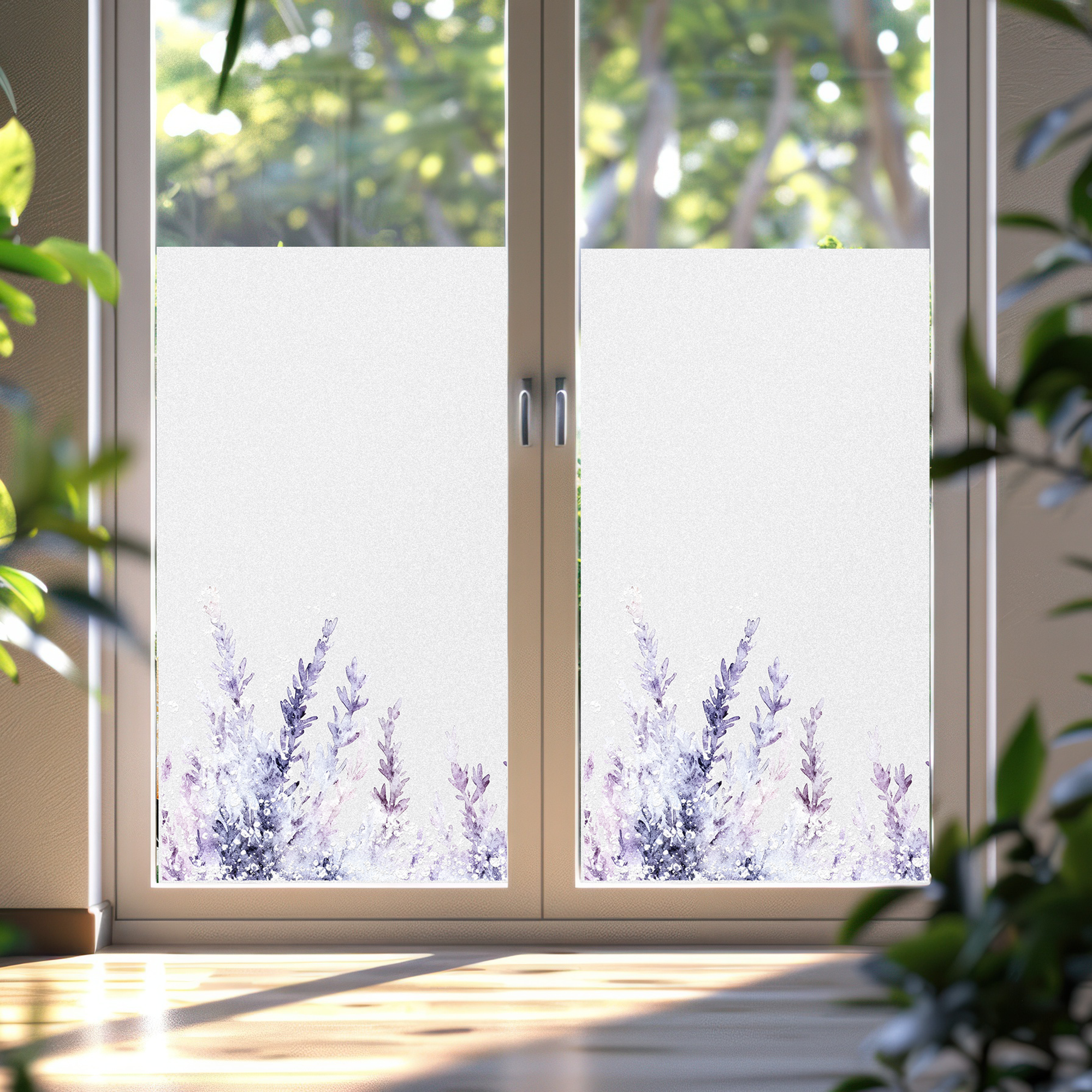 Fensterfolie mit lila Lavendel-Muster und lichtdurchlässigem Design.