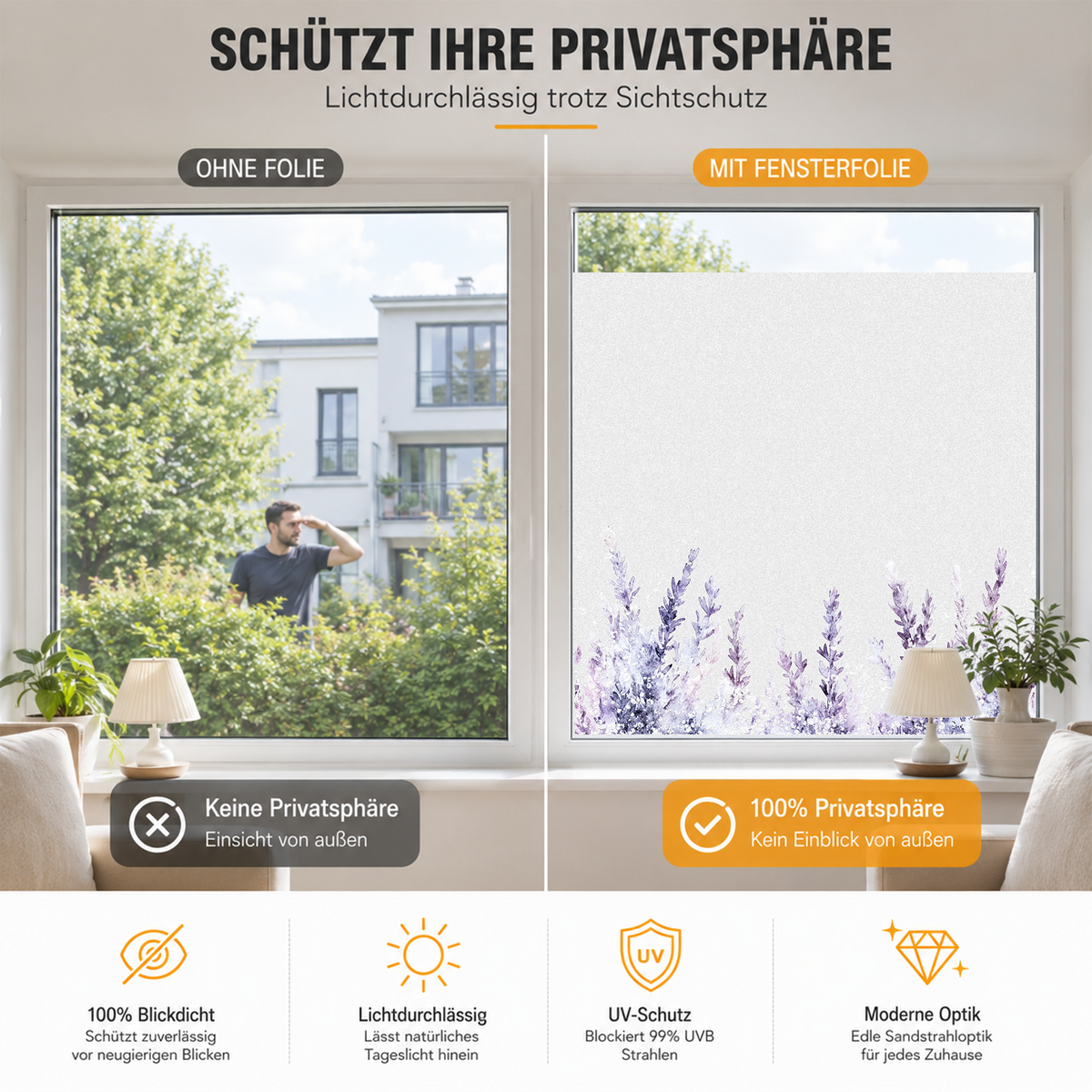 Fensterfolie für Sichtschutz, lichtdurchlässig, moderne Optik.