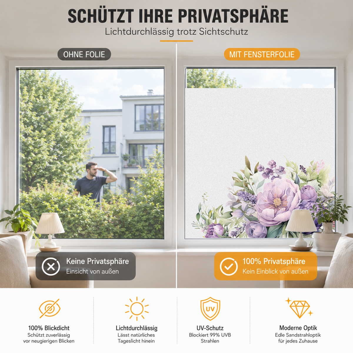 Fensterfolie mit floralen Motiven, schützt Privatsphäre und UV-Strahlen.