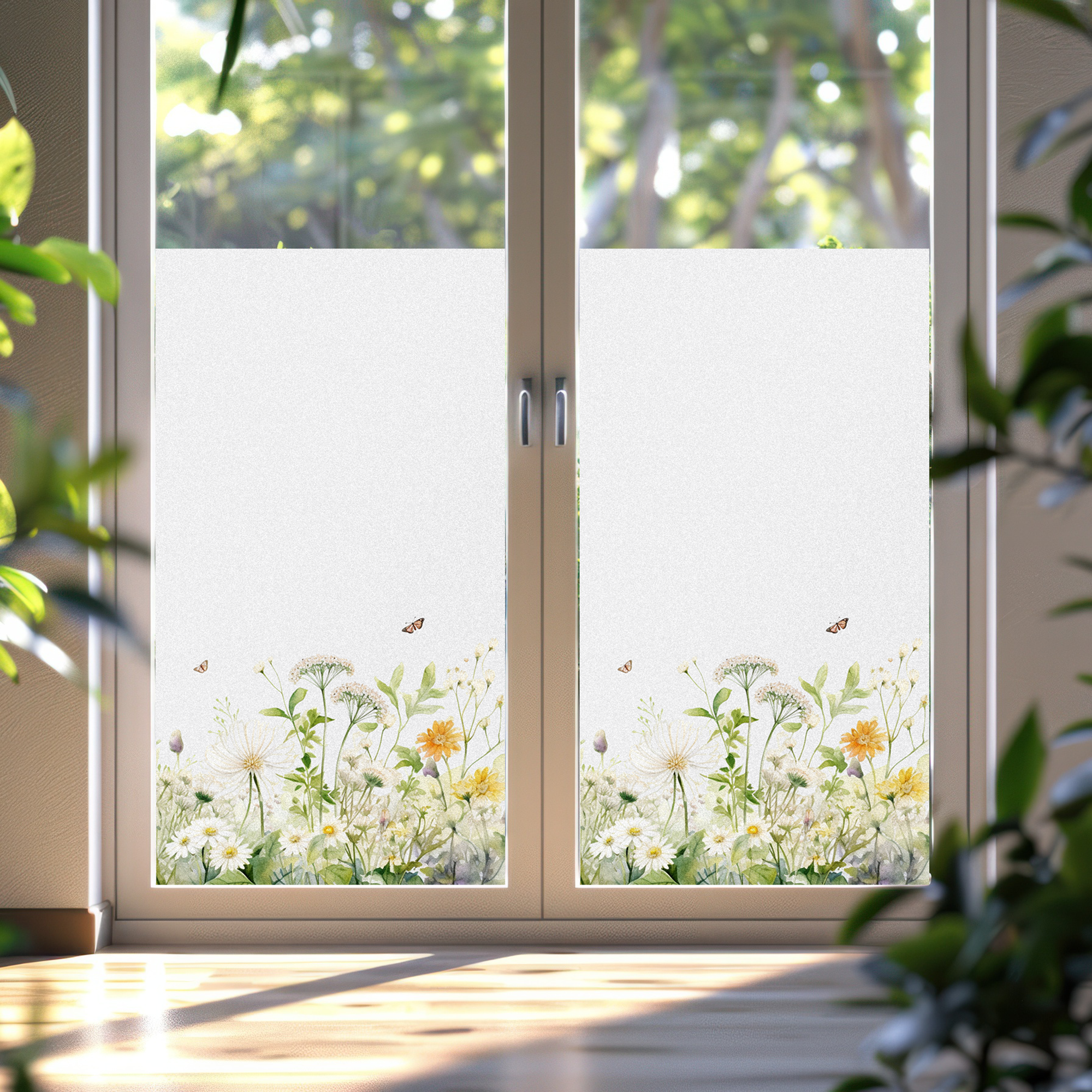Fensterfolie mit bunten Blumen und Schmetterlingen.