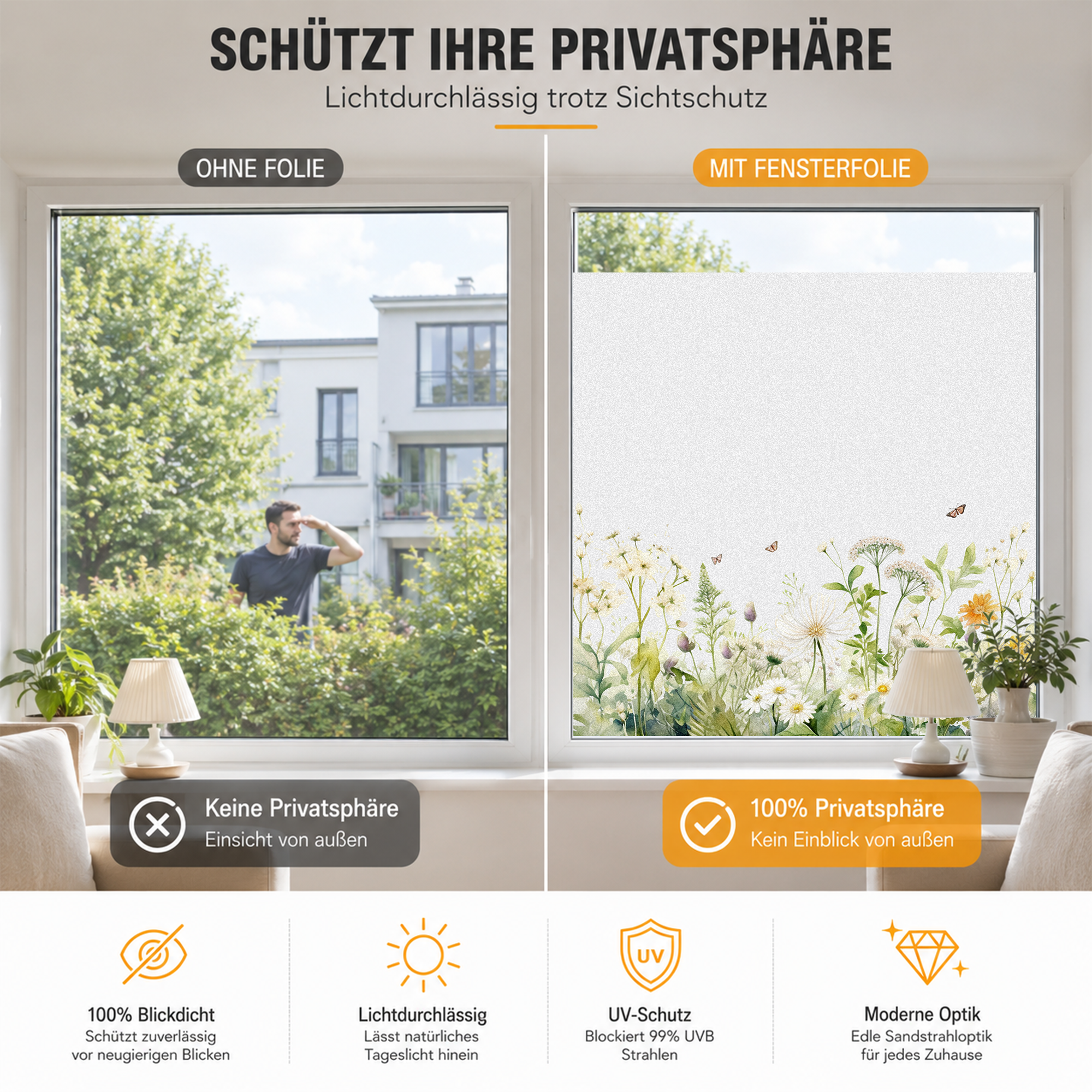 Fenster mit Sichtschutzfolie, blühende Pflanzen, helles Licht.