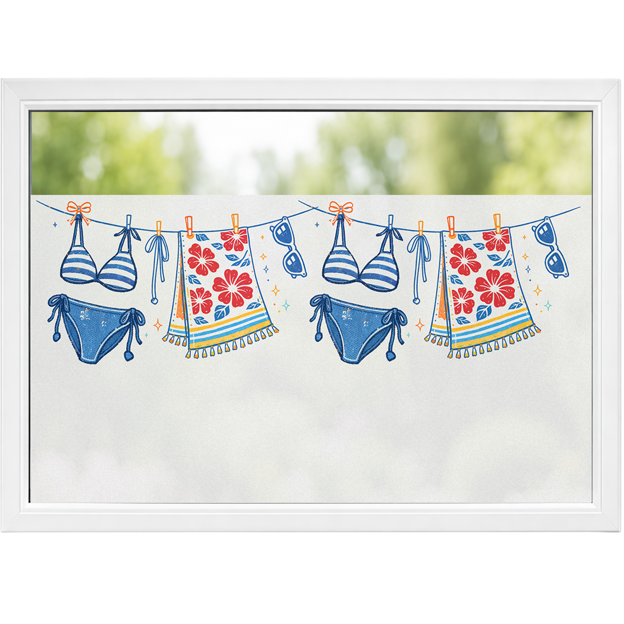 Bunte Bikinis und Handtücher auf Wäscheleine.