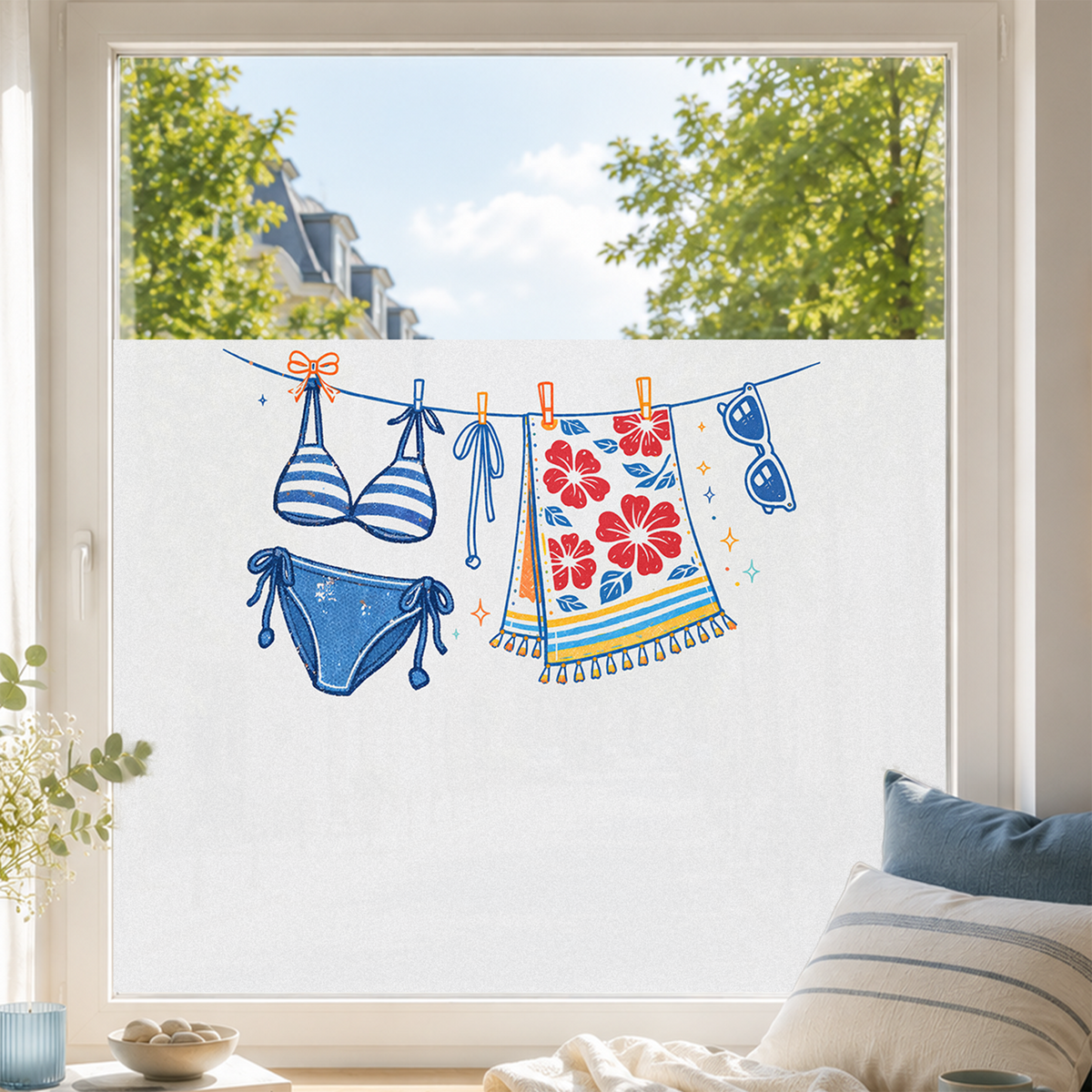 Badeanzug und Handtuch in bunten Farben am Fenster.
