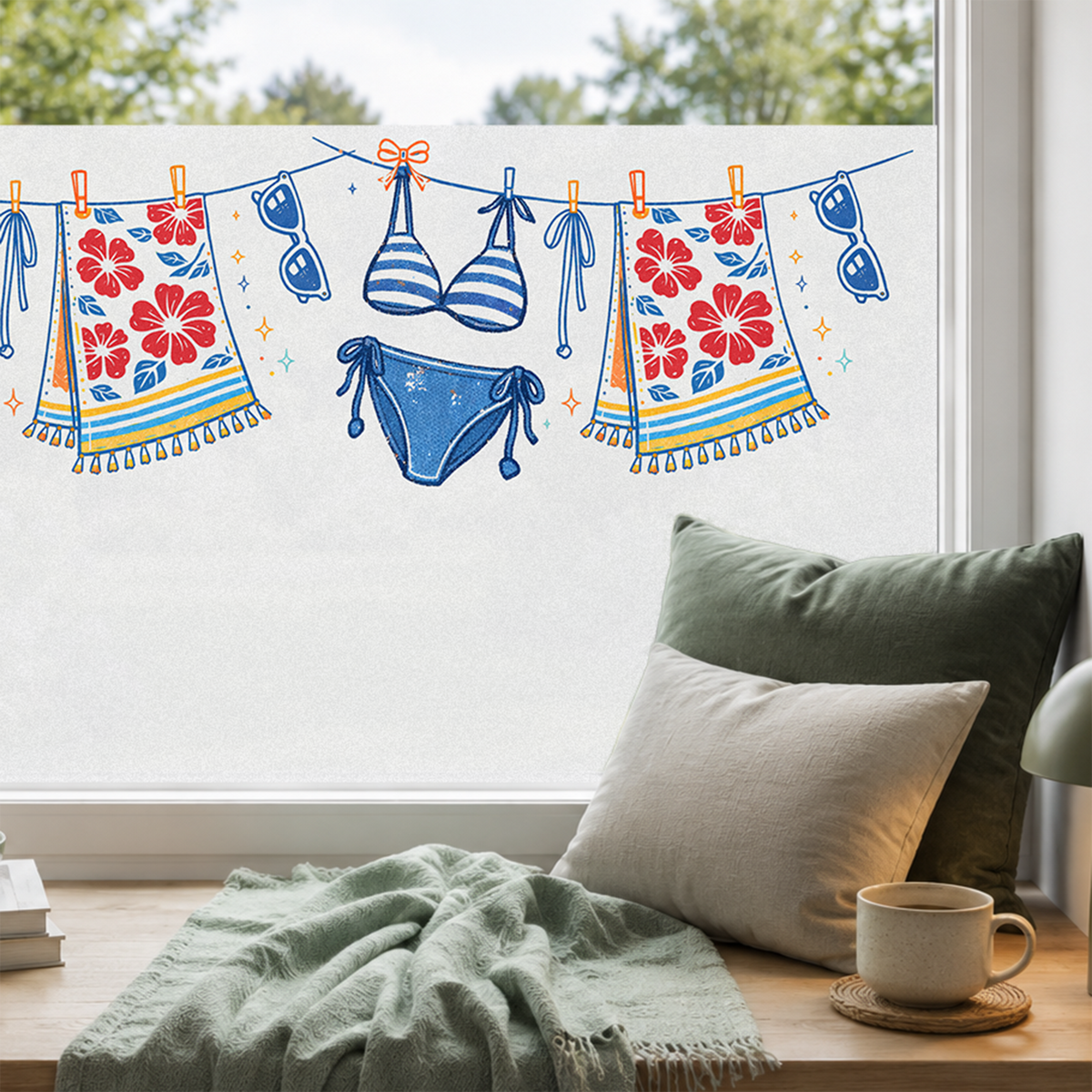 Bunte Bikinis und Handtücher an einer Wäscheleine.