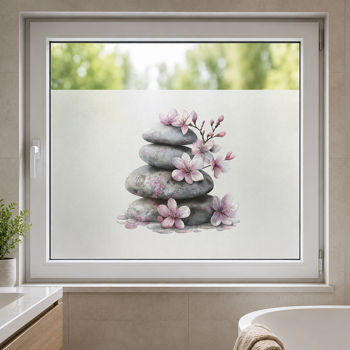 Graue Steine mit rosa Blüten auf Fensterfolie.