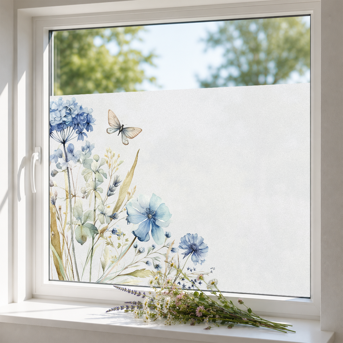 Blumenmotiv in Blau- und Grüntönen, Schmetterling, Fensterdekoration.