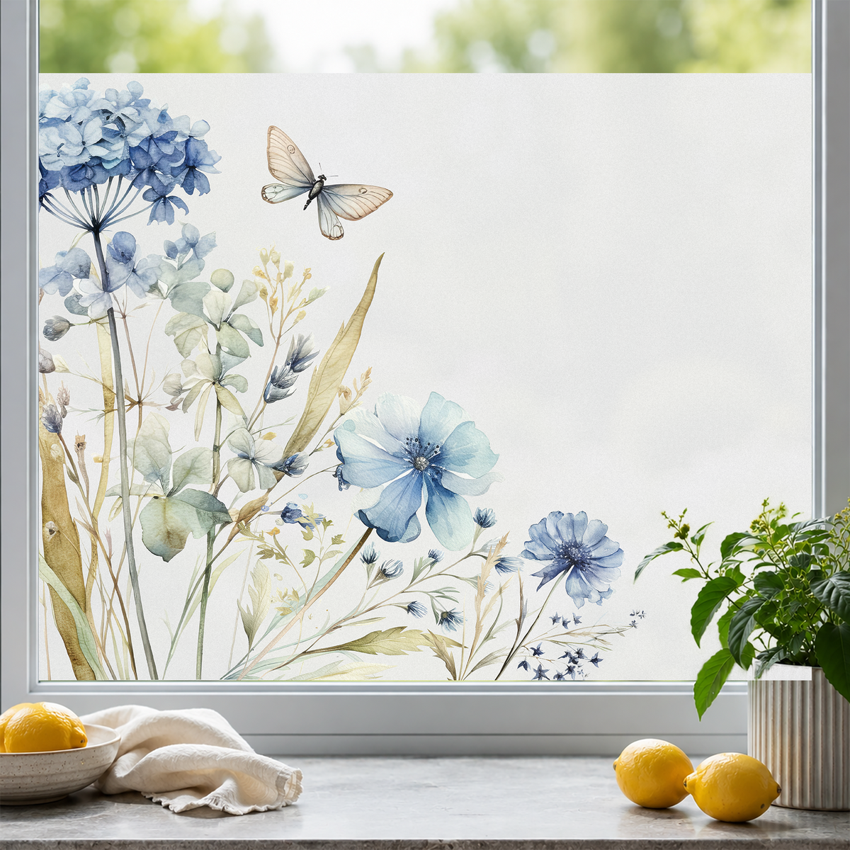 Blumenmotiv in Blau- und Grüntönen mit Schmetterling.