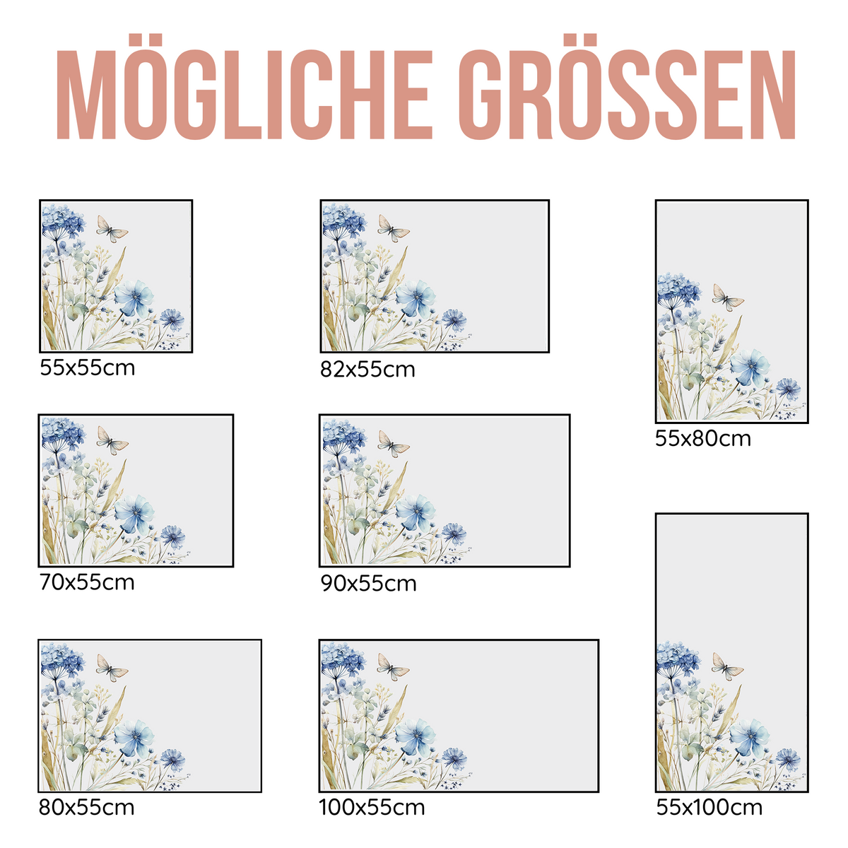 Blumenmuster in Blau und Weiß, verschiedene Größenoptionen.