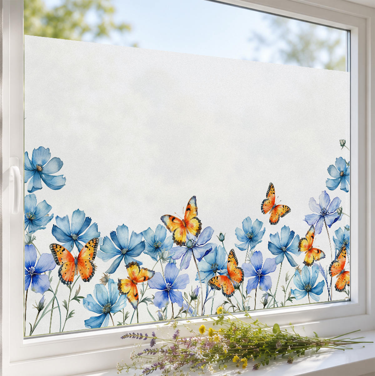 Fensterfolie Blumen mit Schmetterlingen