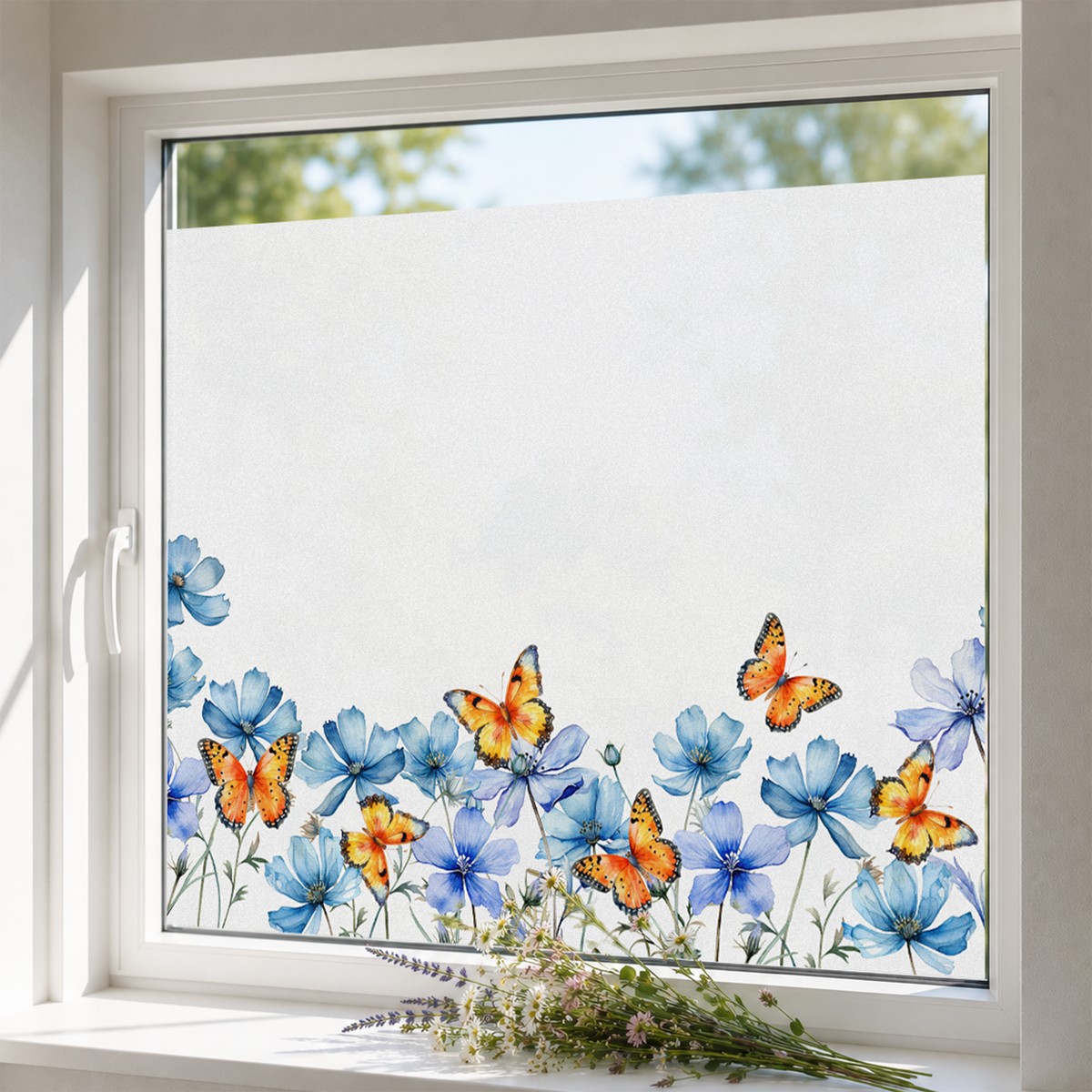 Fensterfolie Blumen mit Schmetterlingen
