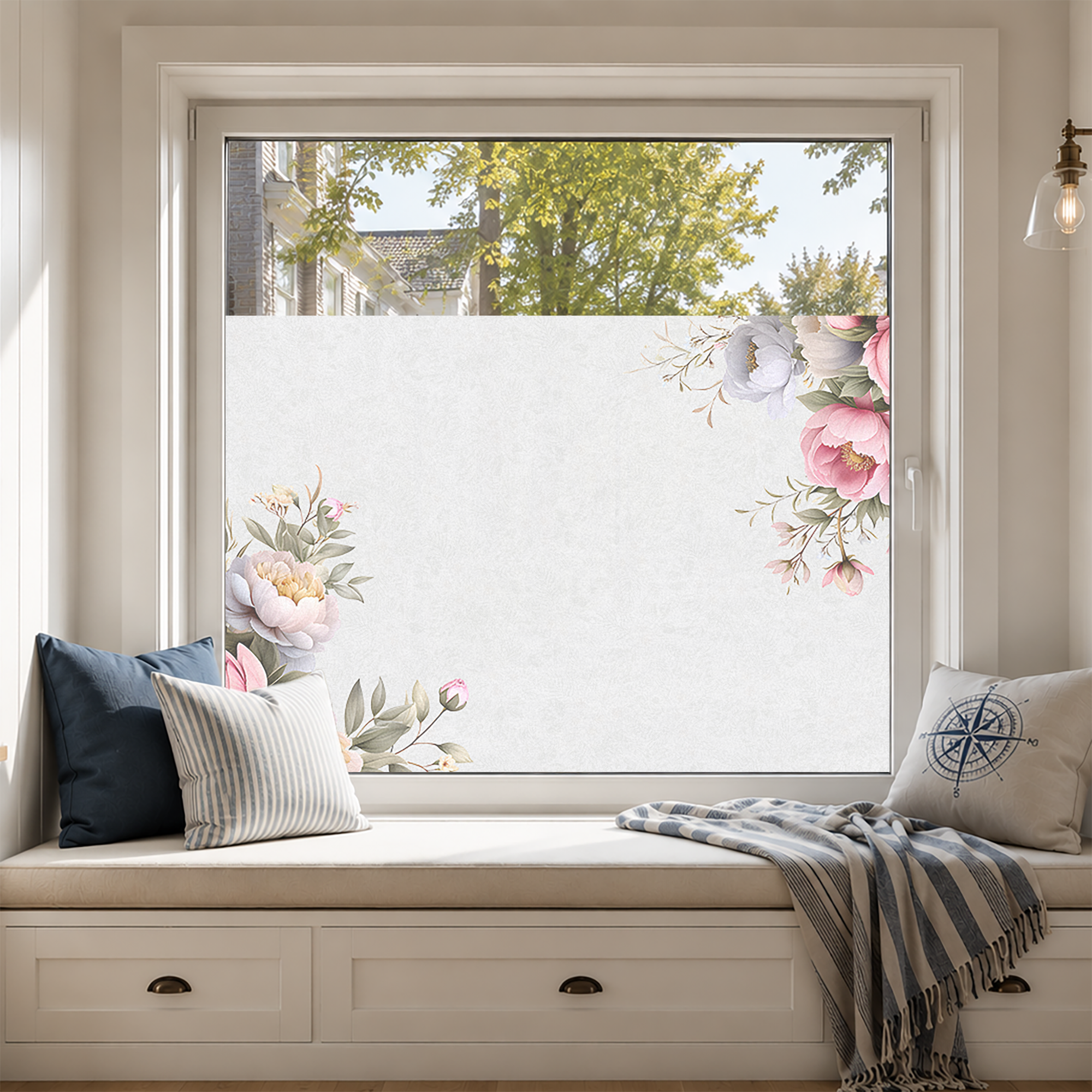 Fenster mit floralen Mustern in sanften Pastellfarben.
