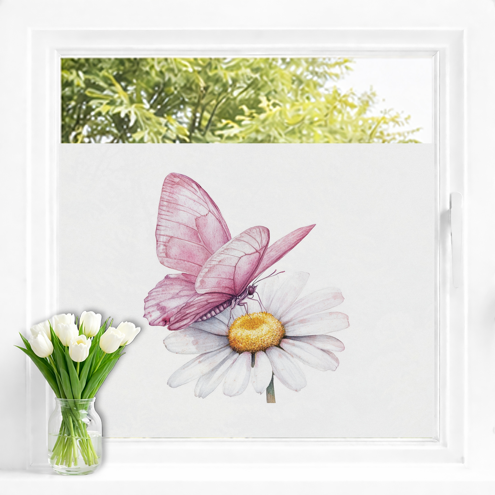 Fensterfolie Sichtschutzfolie Kinderzimmer mit rosa Schmetterling auf weißer Blume am Fenster