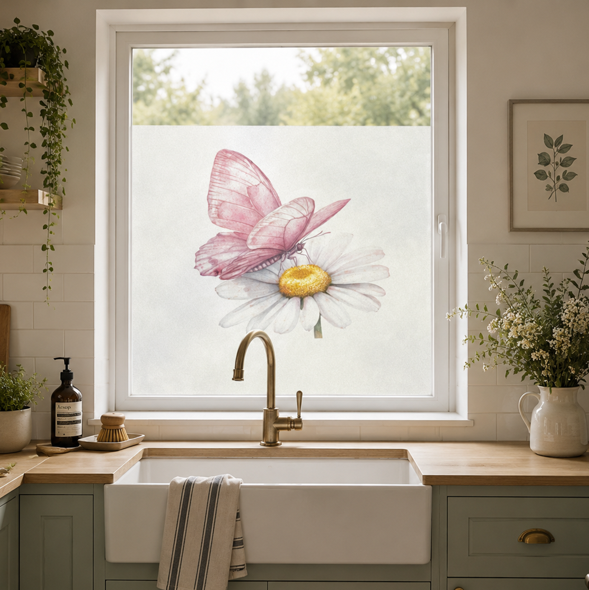 Rosa Schmetterling auf weißer Blume im Fenster.