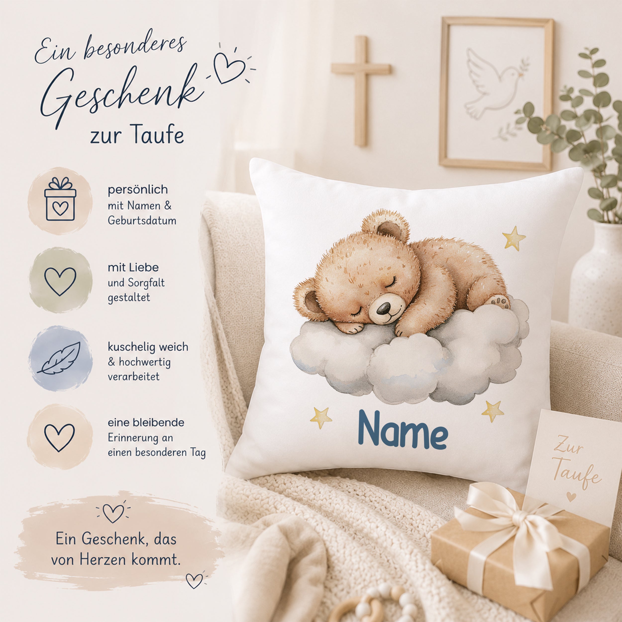 Kissen mit schlafendem Bären, personalisierbar für die Taufe.
