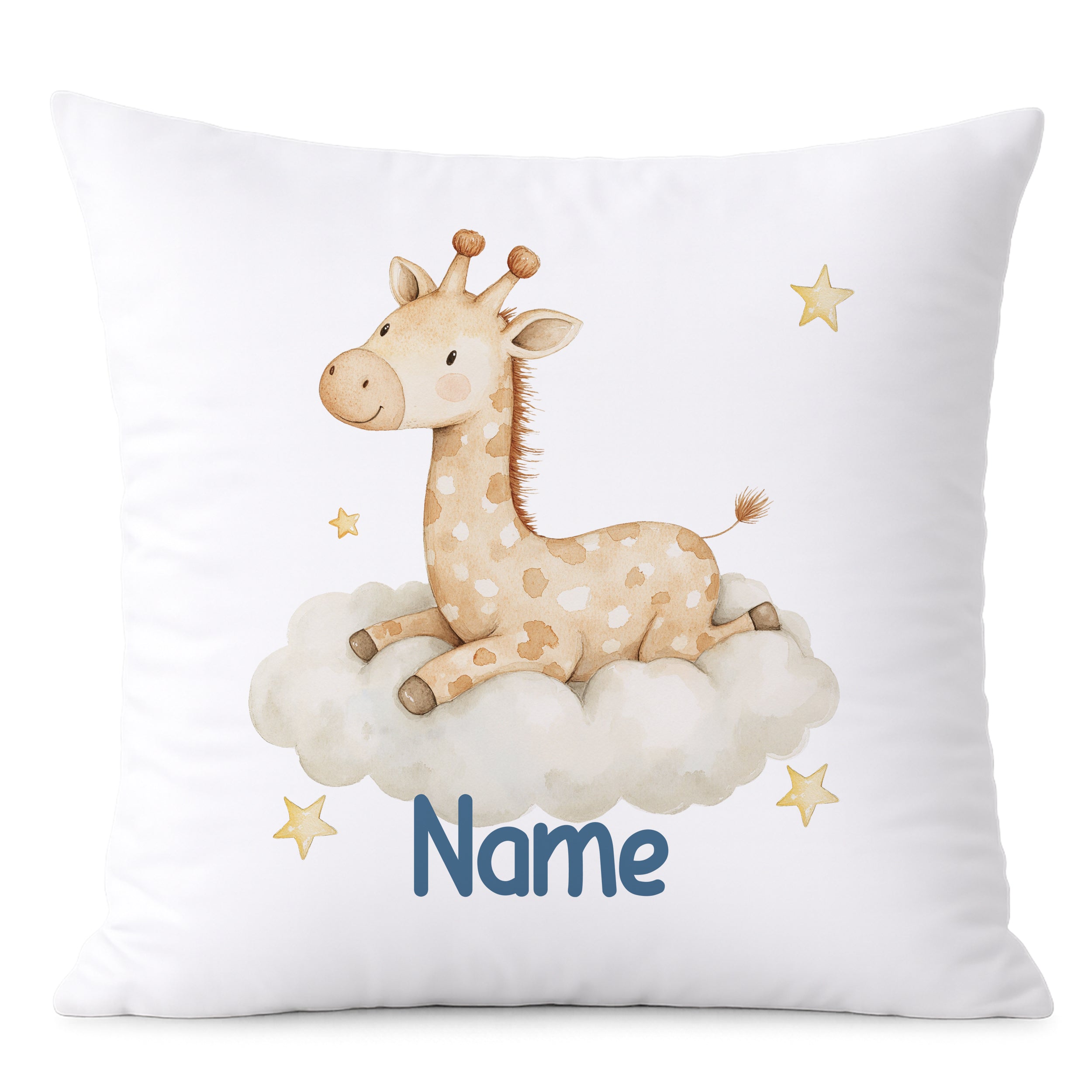 Kissen mit Giraffe auf Wolke und Sternen, personalisierbar.