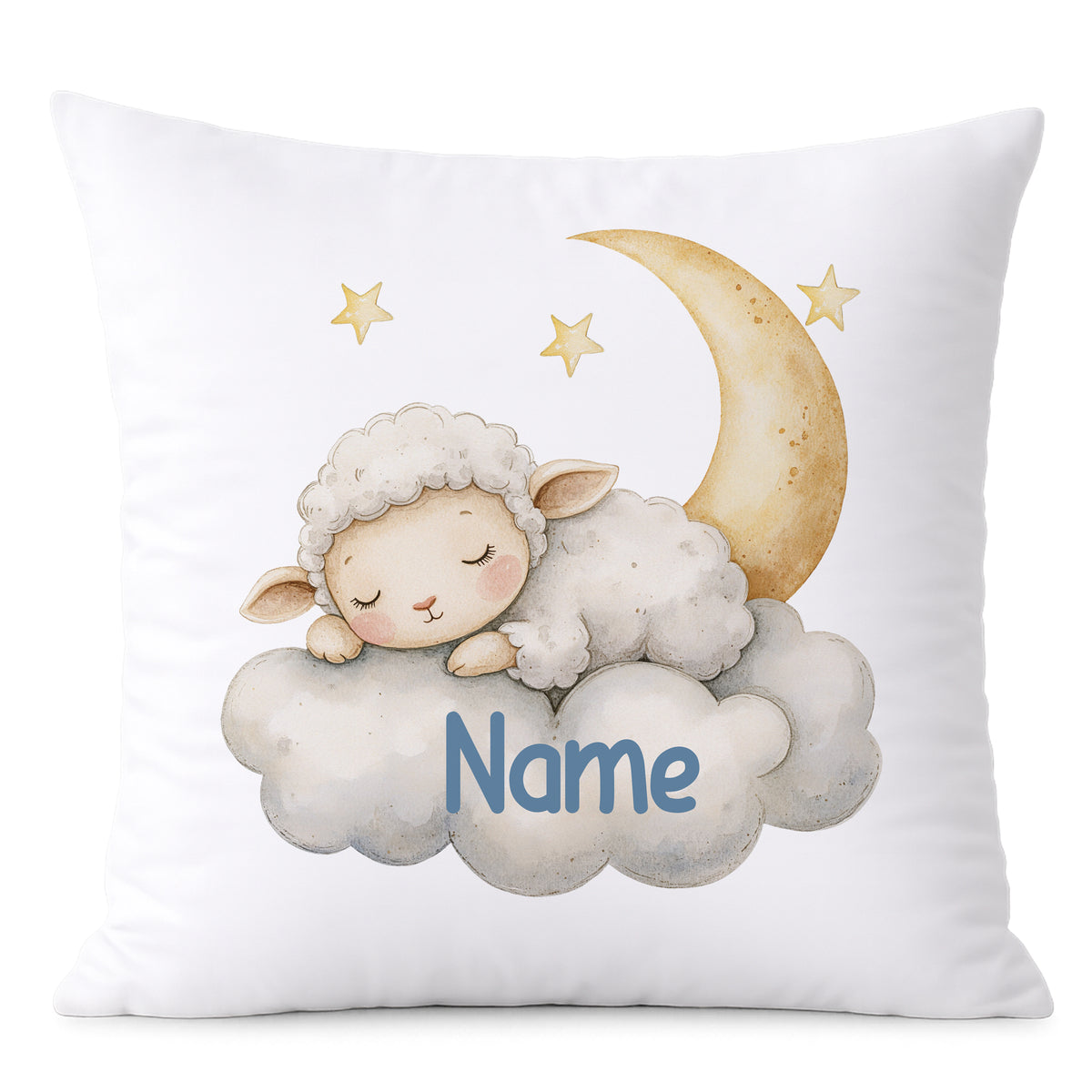 Kissen mit schlafendem Schaf, Mond und personalisiertem Namen.
