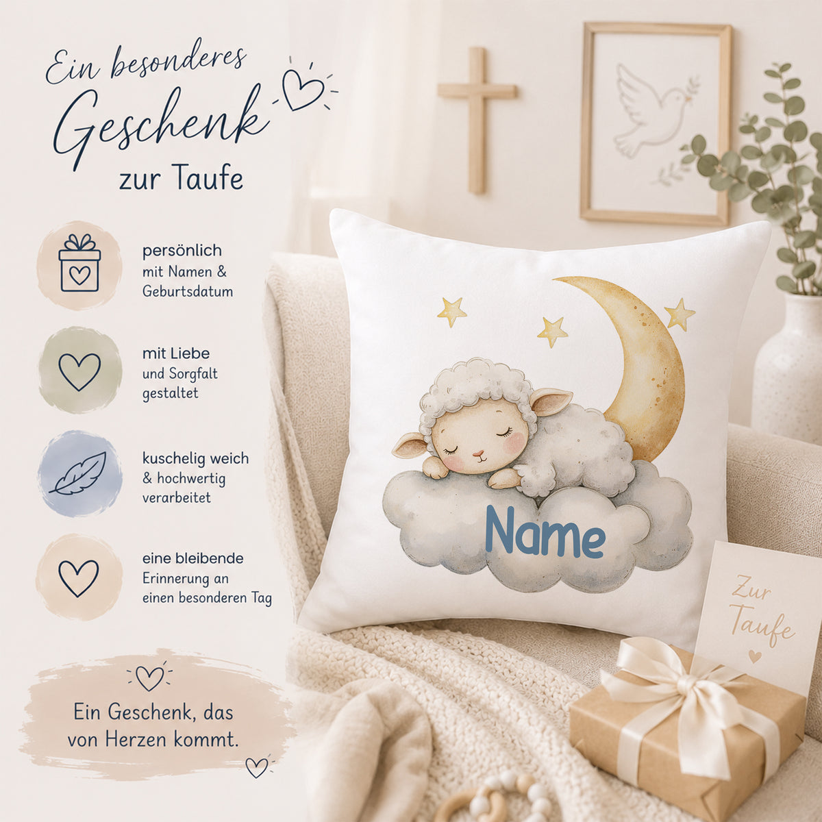 Kissen mit Schaf und Mond, personalisierbar für Taufe.