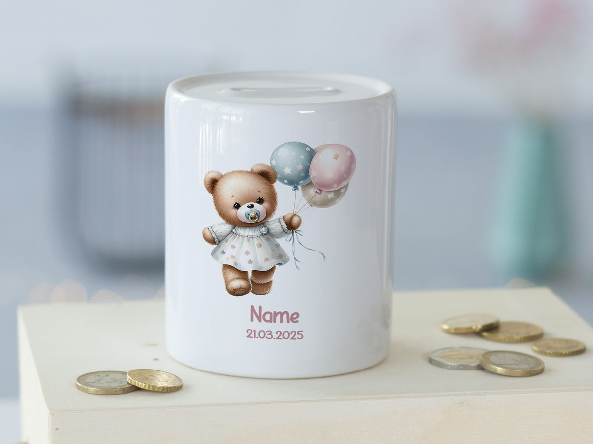 Spardose mit Teddybär und Ballons - Ein liebevolles Sparvergnügen