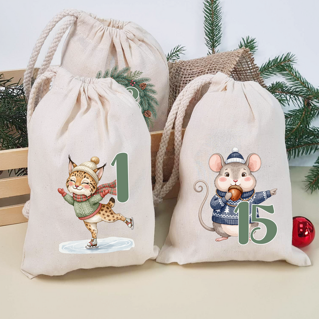 Fertig bedruckte Stoffbeutel für Adventskalender