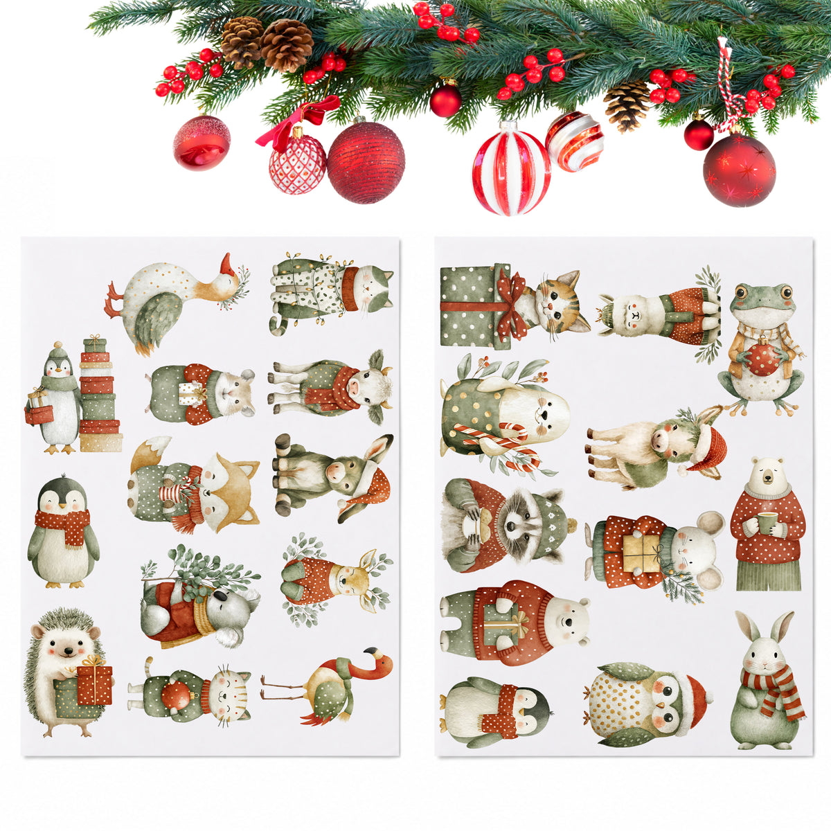 Zwei Bögen mit weihnachtlichen Tiermotiven unter festlich geschmückten Tannenzweigen