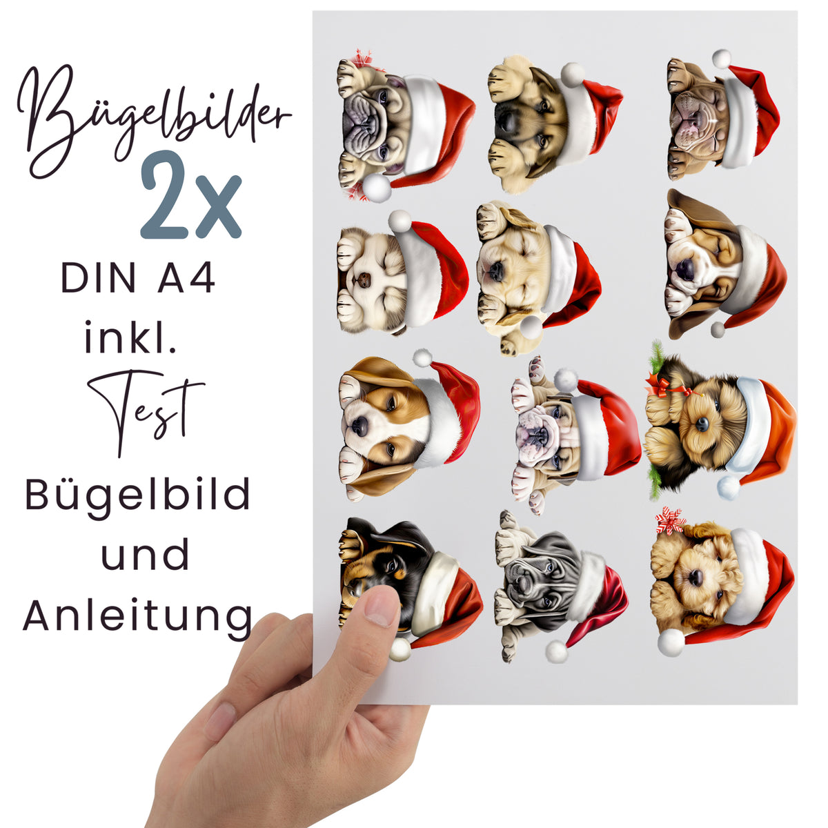 Bügelbilder mit weihnachtlichen Hundewelpen auf zwei DIN-A4-Bögen inklusive Testmotiv und Bügelanleitung