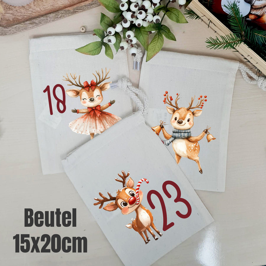 Adventskalenderbeutel in 15 × 20 cm mit nummerierten Weihnachtsrentieren