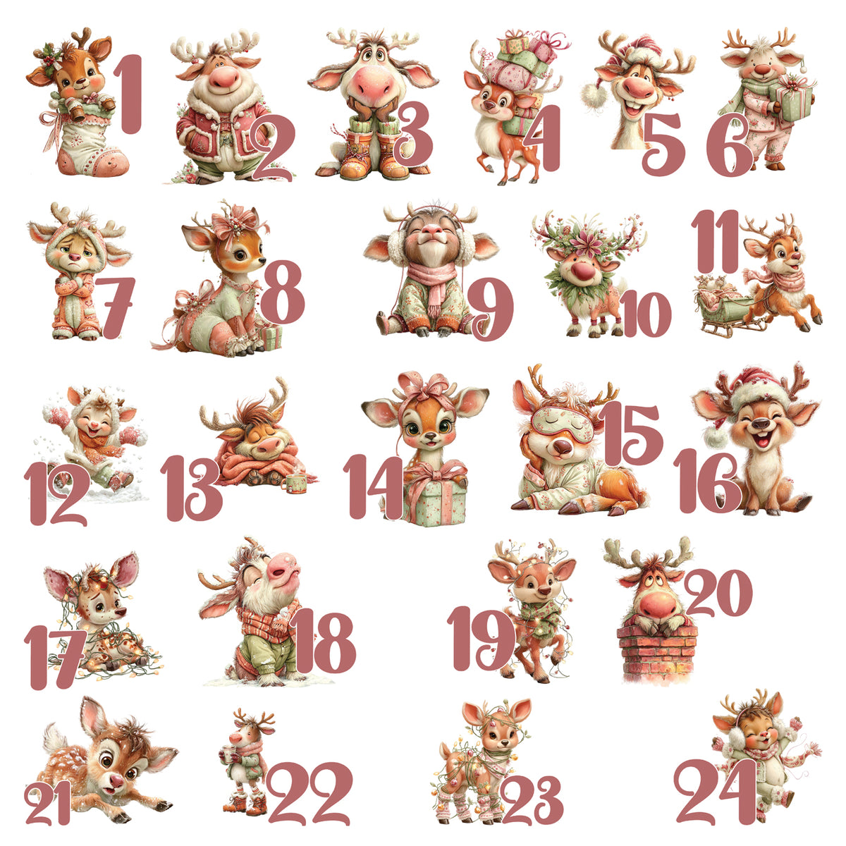24 Bügelbilder mit winterlichen Rentieren und Adventskalender-Zahlen 1 bis 24