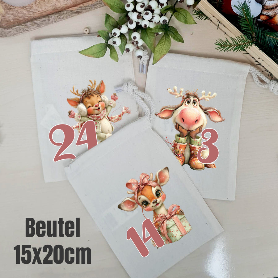 Bedruckte Adventskalender-Beutel mit Winterrentieren in Rosa und Zahlen
