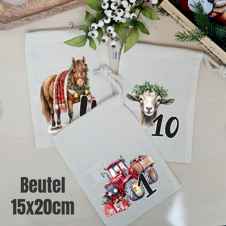 Bedruckte Adventskalender-Beutel mit winterlichen Bauernhofmotiven und Zahlen