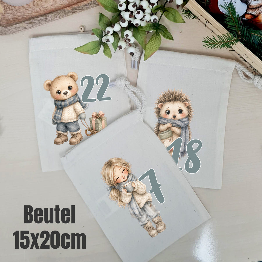 Bedruckte Adventskalender-Beutel mit Winterkindern, Waldtieren und Zahlen
