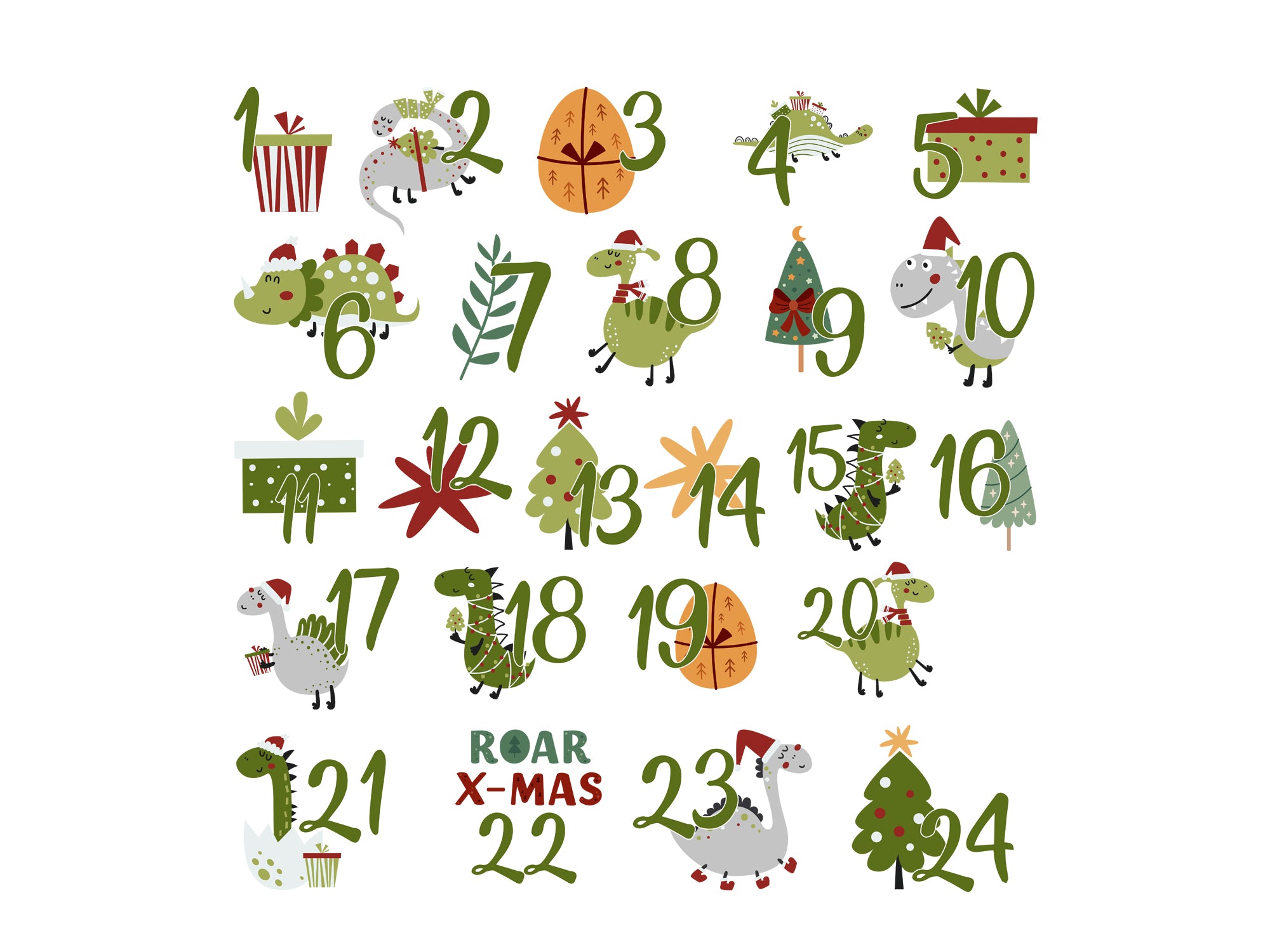 24 Bügelbilder mit Dinosauriern, Geschenken und Zahlen von 1 bis 24 für einen Adventskalender