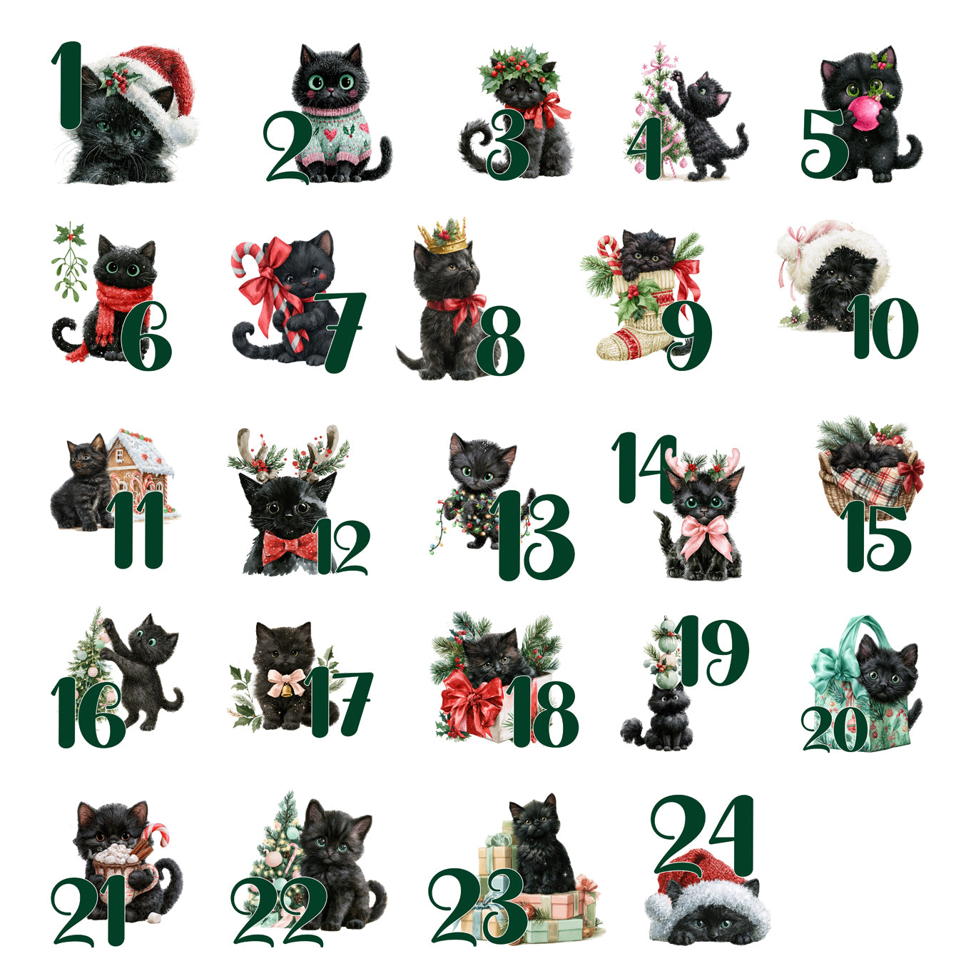 24 Adventskalender-Bügelbilder mit schwarzen Weihnachtskatzen und Zahlen 1 bis 24