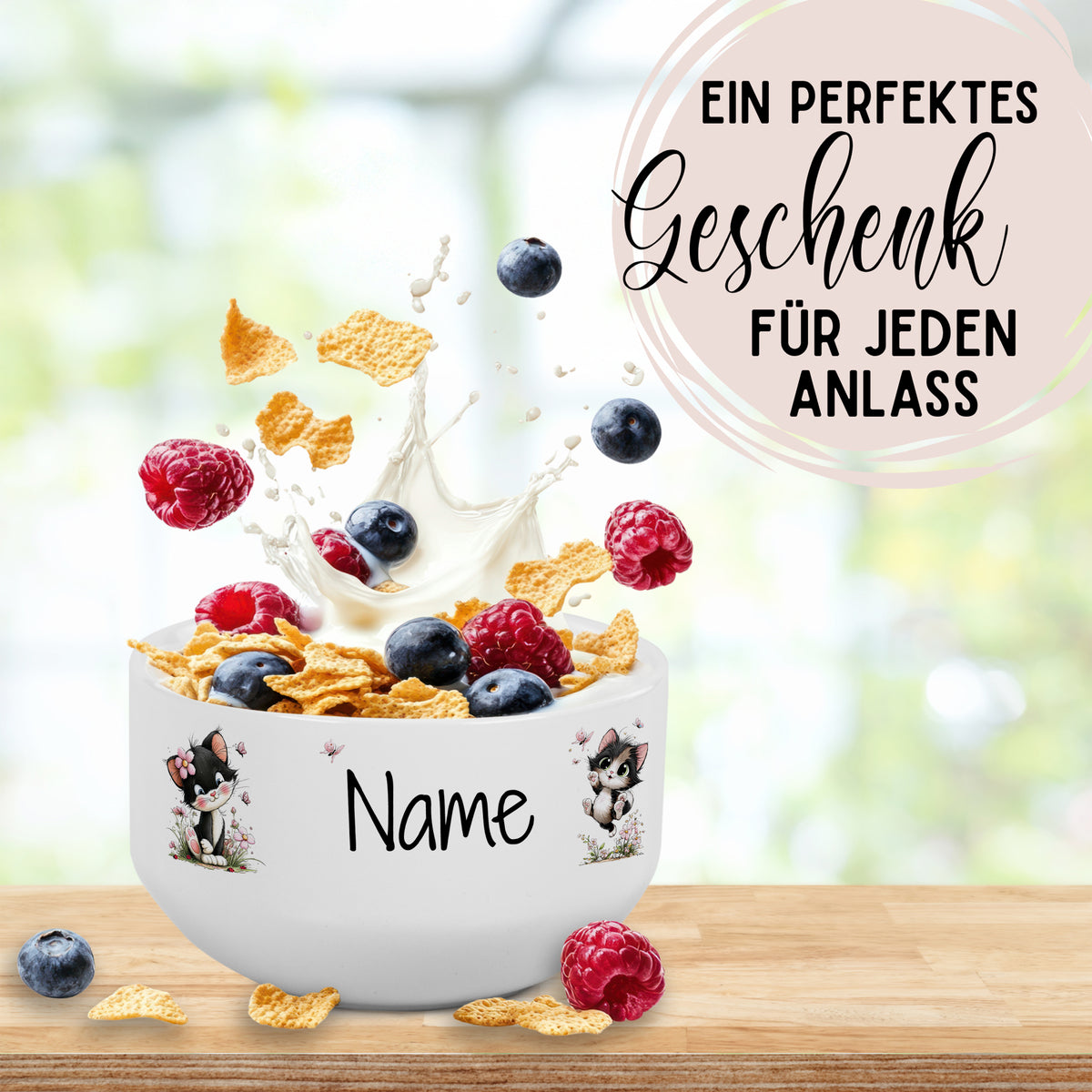 Personalisierte Müslischale mit zwei Katzen und Wunschname als Geschenkidee