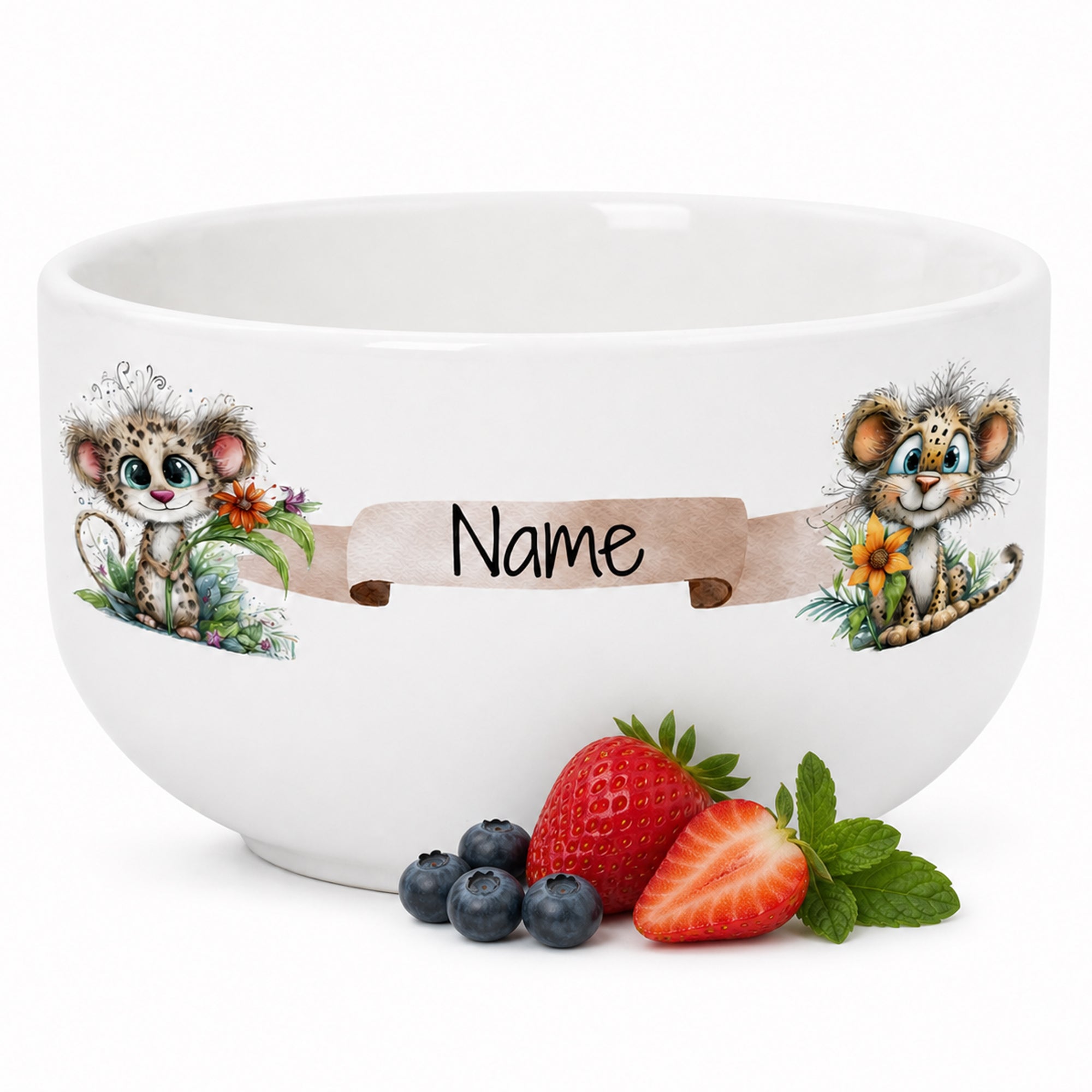 Personalisierte weiße Müslischale mit zwei niedlichen Leoparden, Blumen und Wunschname