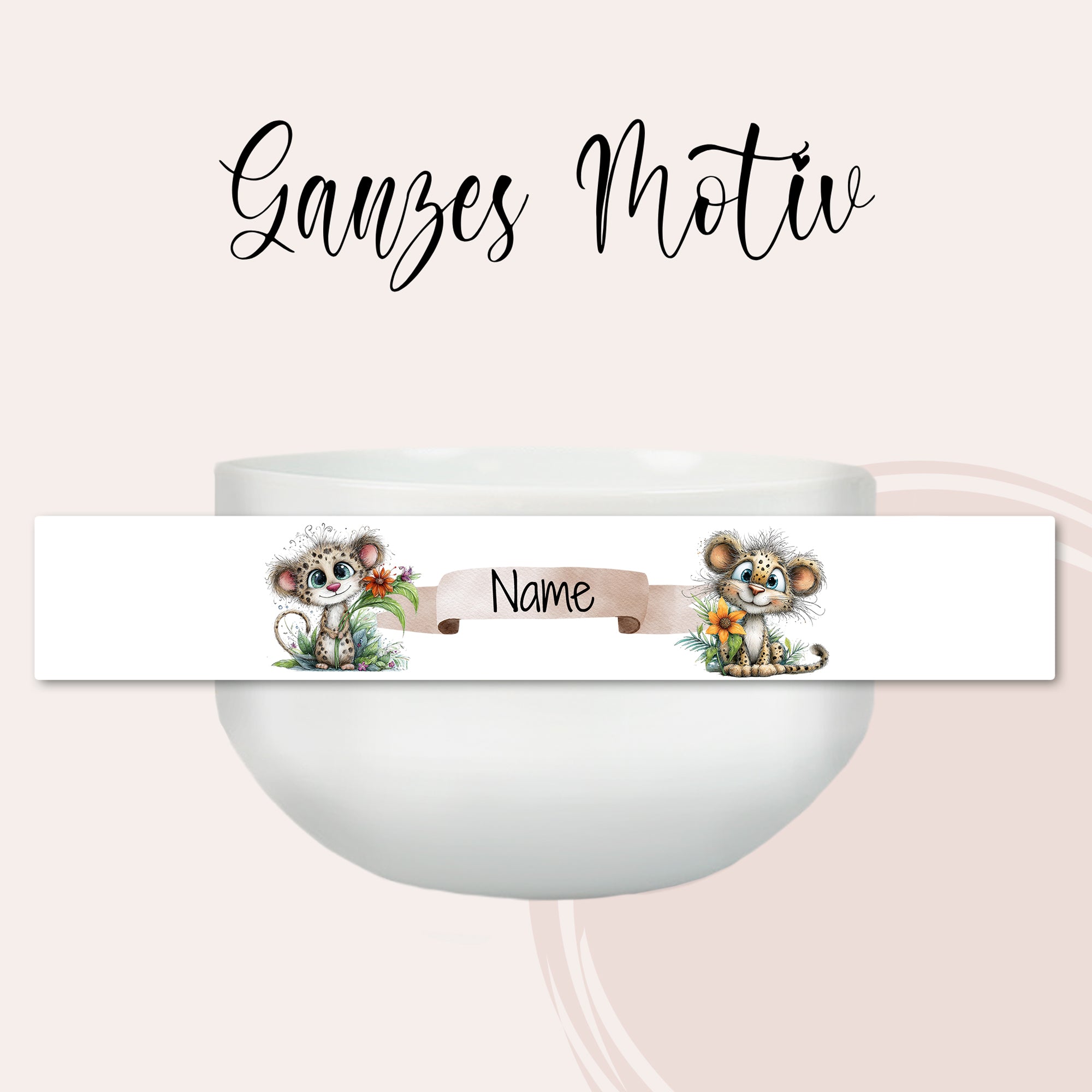 Vollständige Gestaltung der Müslischale mit zwei Leopardenmotiven und personalisiertem Namen