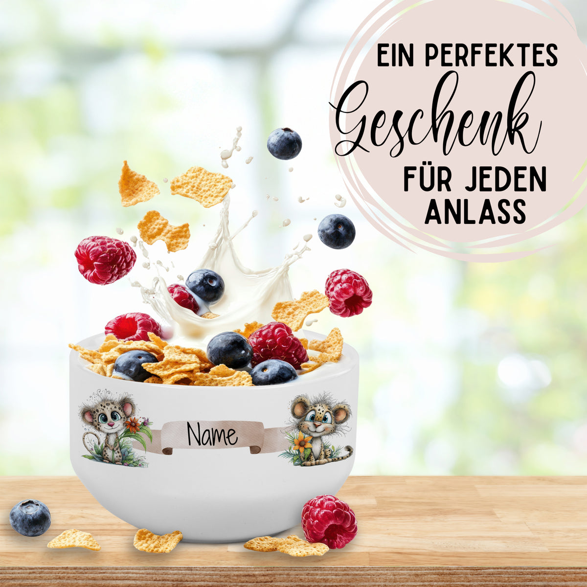 Personalisierte Müslischale mit Leoparden und Wunschname als Geschenkidee