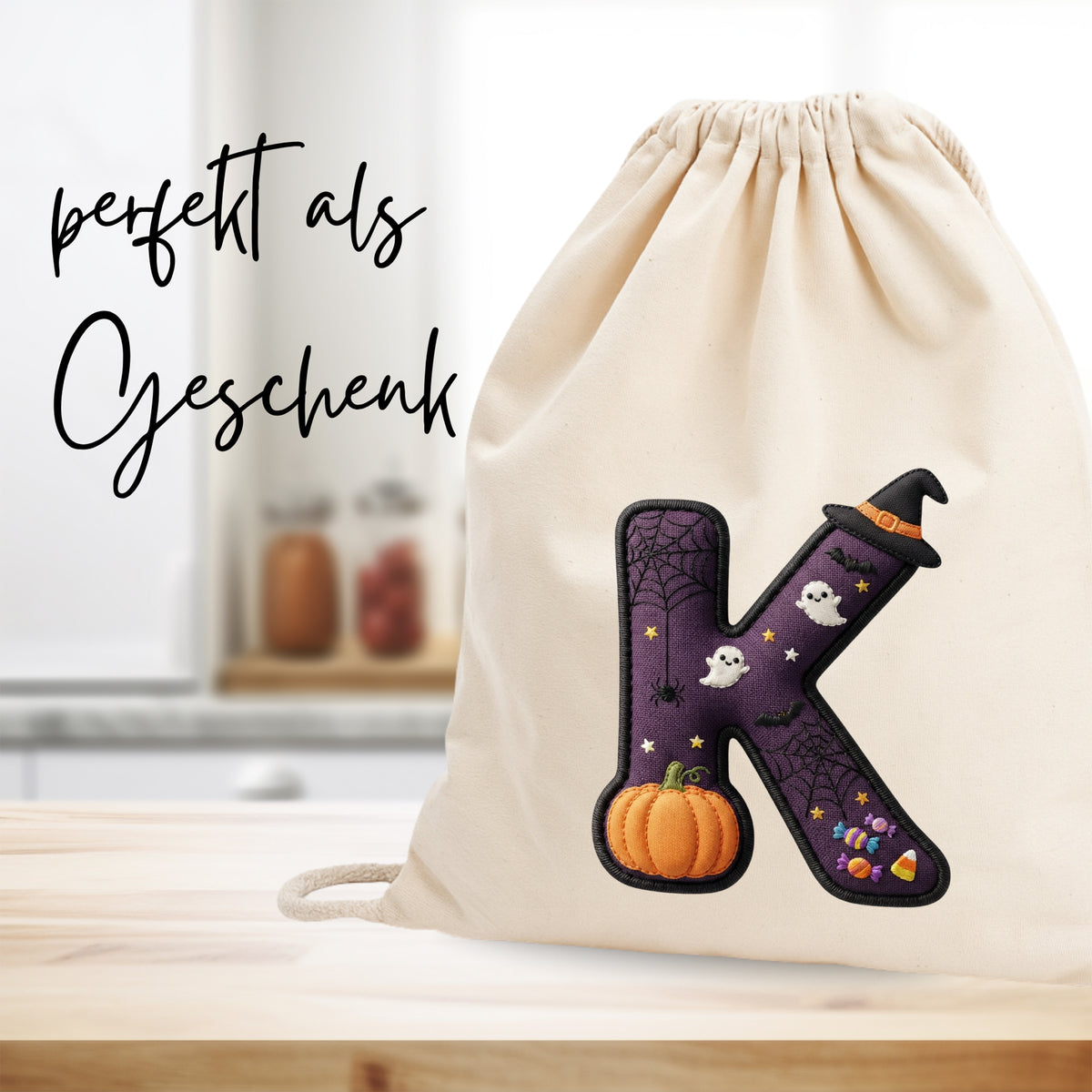 Turnbeutel Halloween Buchstabe K - Spooky Freude für kleine Geister