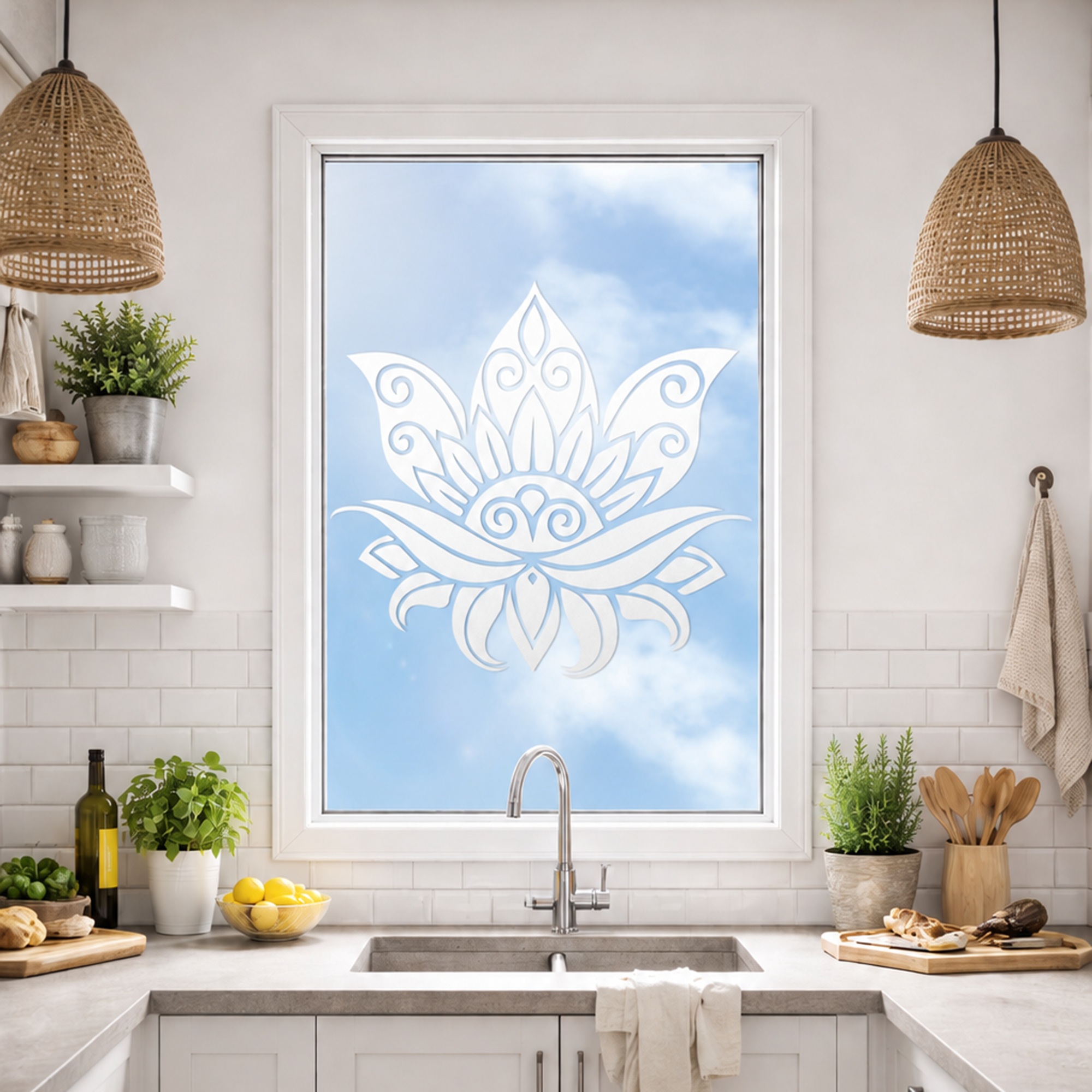 Lotus-Motiv auf Fenster, helle Farben, moderne Küchendekoration.