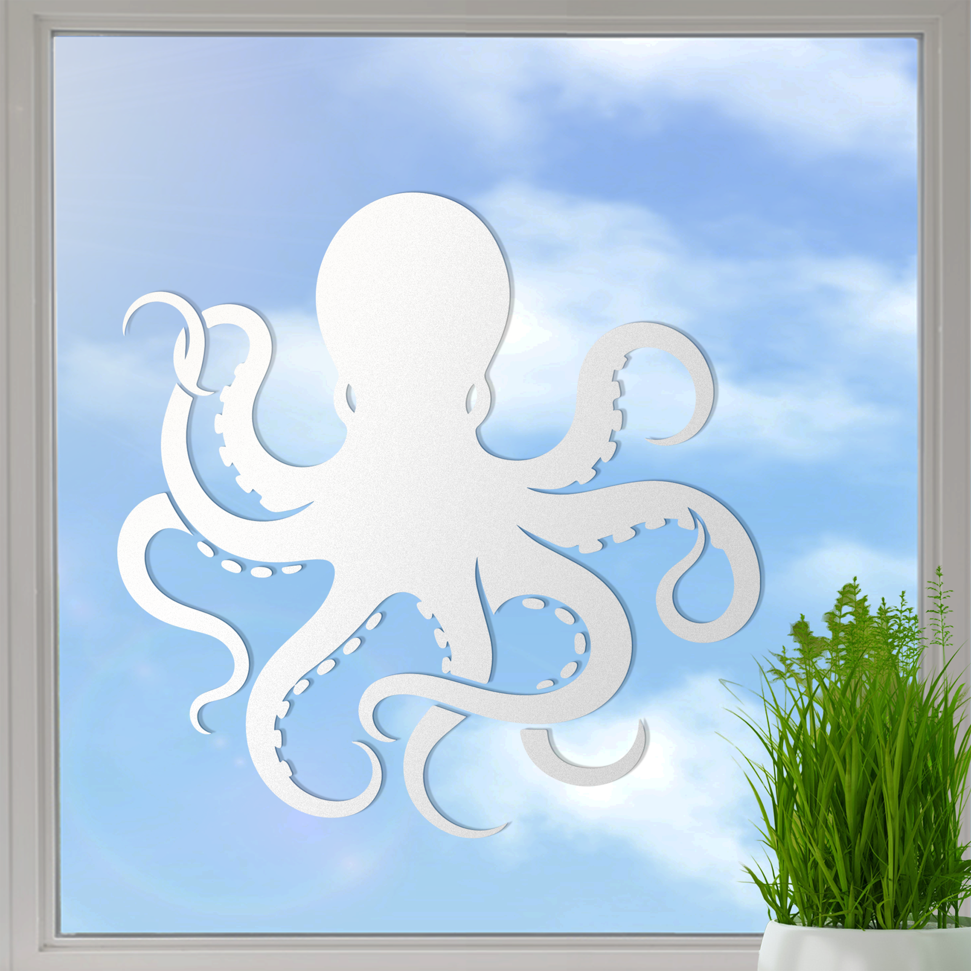 Weißer Fensteraufkleber eines Oktopus mit geschwungenen Tentakeln.