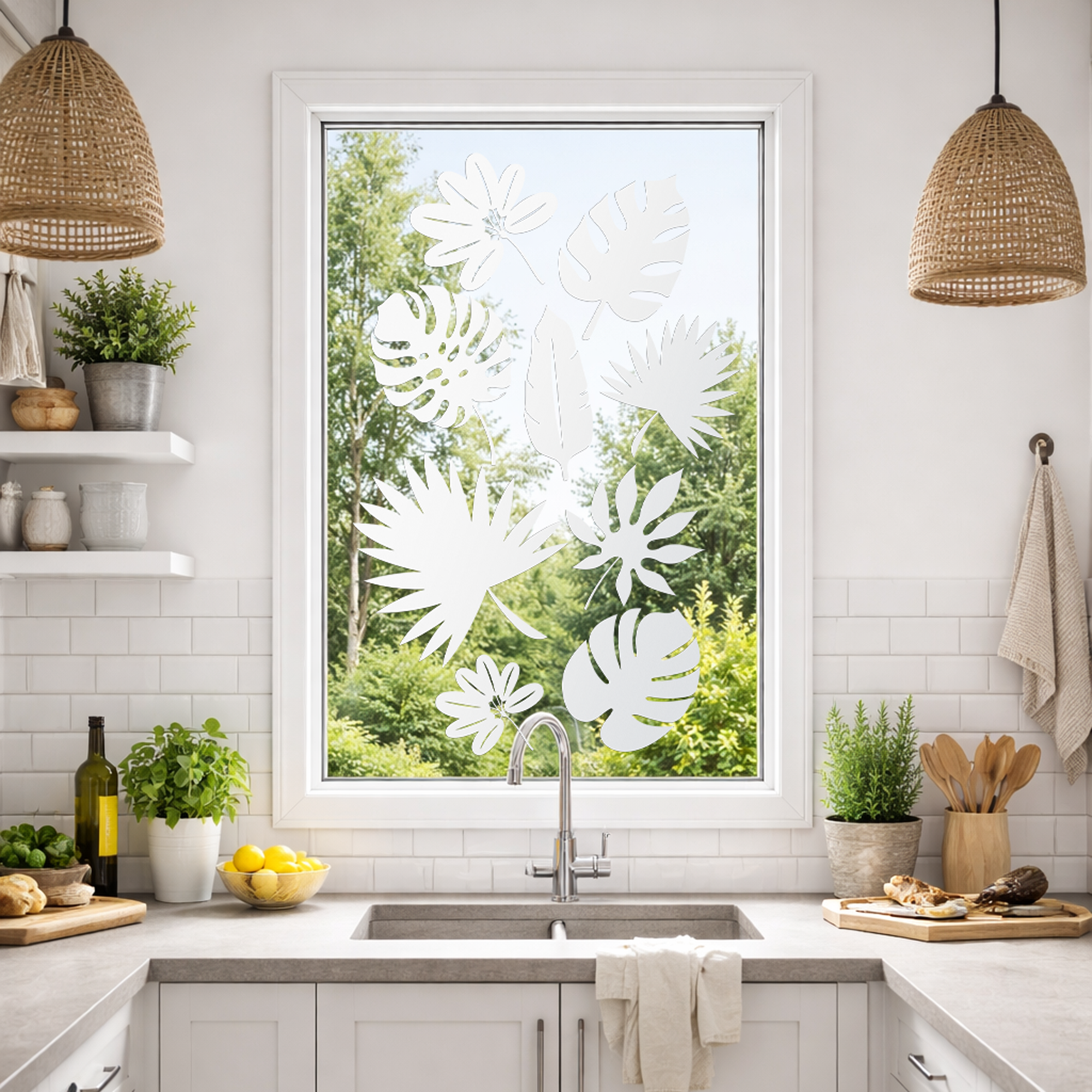 Weißes Fensterfolie mit Pflanzenmotiven in heller Küche.