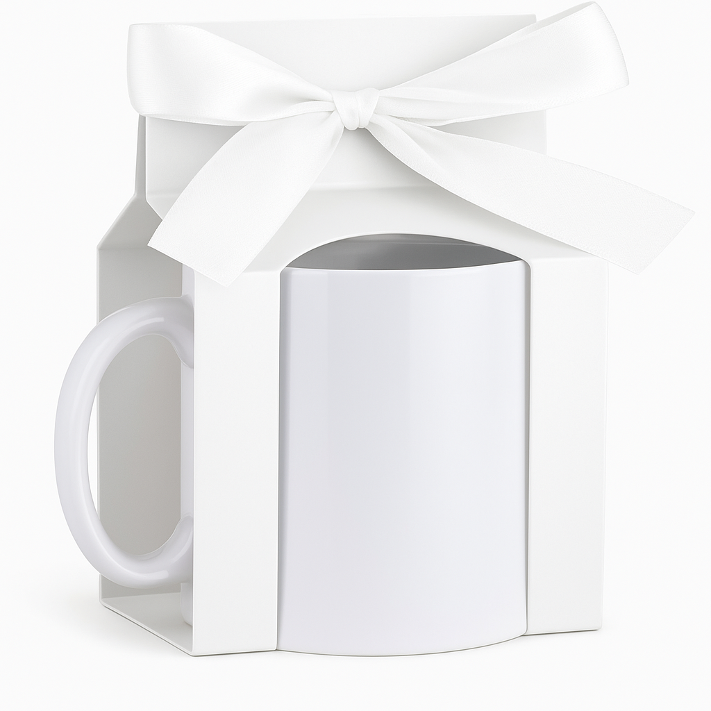 Weiße Geschenkbox für Tassen mit Schleife und Sichtfenster