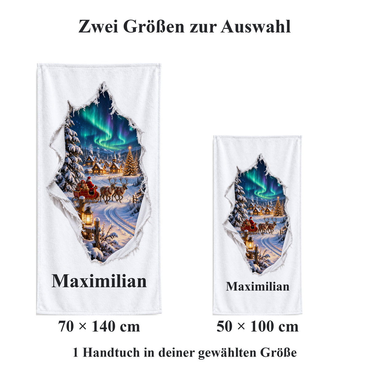 Weißes personalisiertes Handtuch mit Nordpolportal-Motiv im gedruckten Stoffriss-Design im maßstäblichen Vergleich der zwei wählbaren Größen.