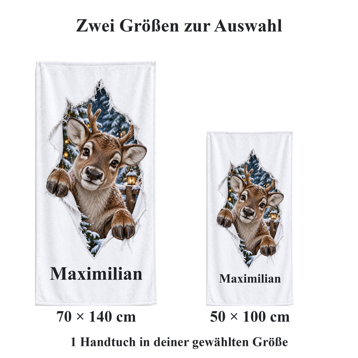 Weißes personalisiertes Handtuch mit Rentierjunges-Motiv im gedruckten Stoffriss-Design im maßstäblichen Vergleich der zwei wählbaren Größen.