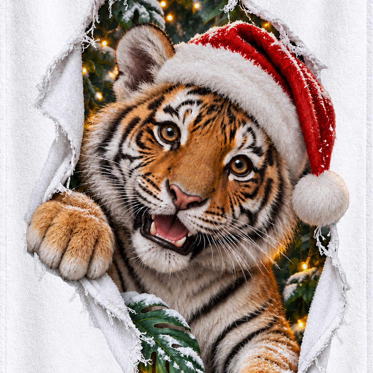 Weißes personalisiertes Handtuch mit Weihnachtstiger-Motiv im gedruckten Stoffriss-Design als Nahaufnahme des gedruckten Motivs auf weißem Stoff.