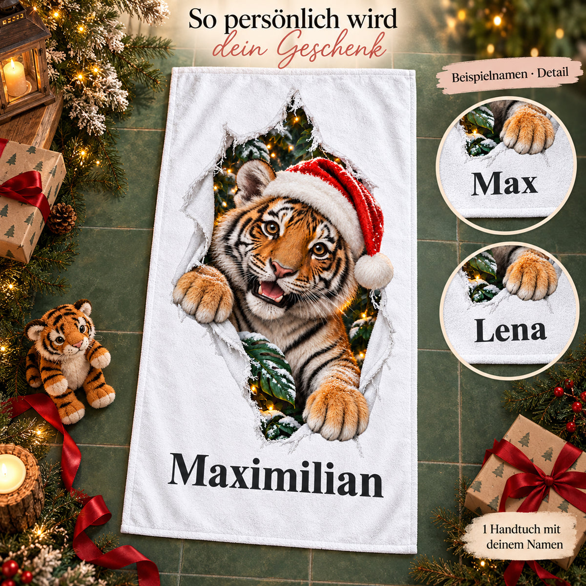 Weißes personalisiertes Handtuch mit Weihnachtstiger-Motiv im Stoffriss-Design und beschrifteten Namensbeispielen als Detailansichten.