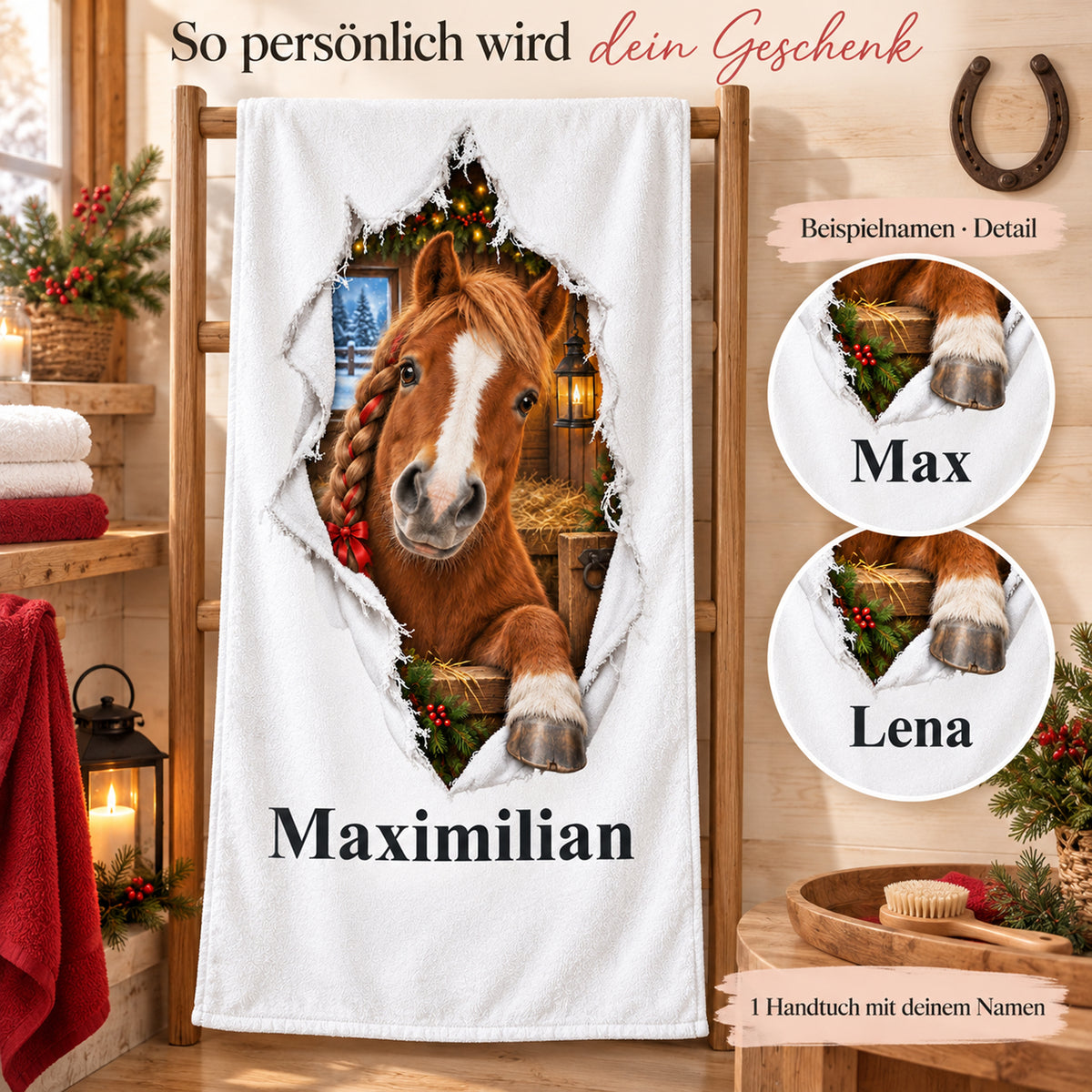 Weißes personalisiertes Handtuch mit Weihnachtspony-Motiv im Stoffriss-Design und beschrifteten Namensbeispielen als Detailansichten.