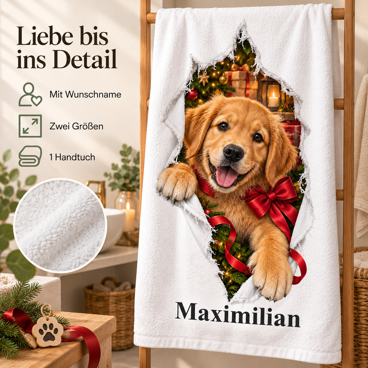 Weißes personalisiertes Handtuch mit Weihnachtswelpe-Motiv im gedruckten Stoffriss-Design mit einem Materialdetail und Hinweisen zu Wunschname, Größenwahl und Lieferumfang.
