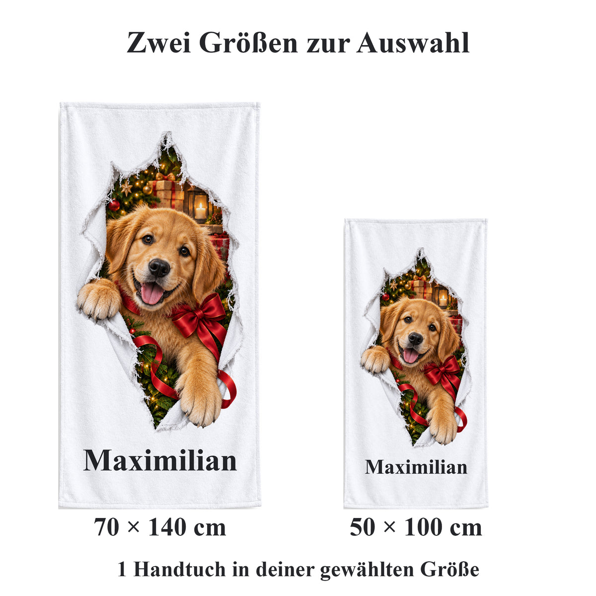 Weißes personalisiertes Handtuch mit Weihnachtswelpe-Motiv im gedruckten Stoffriss-Design im maßstäblichen Vergleich der zwei wählbaren Größen.